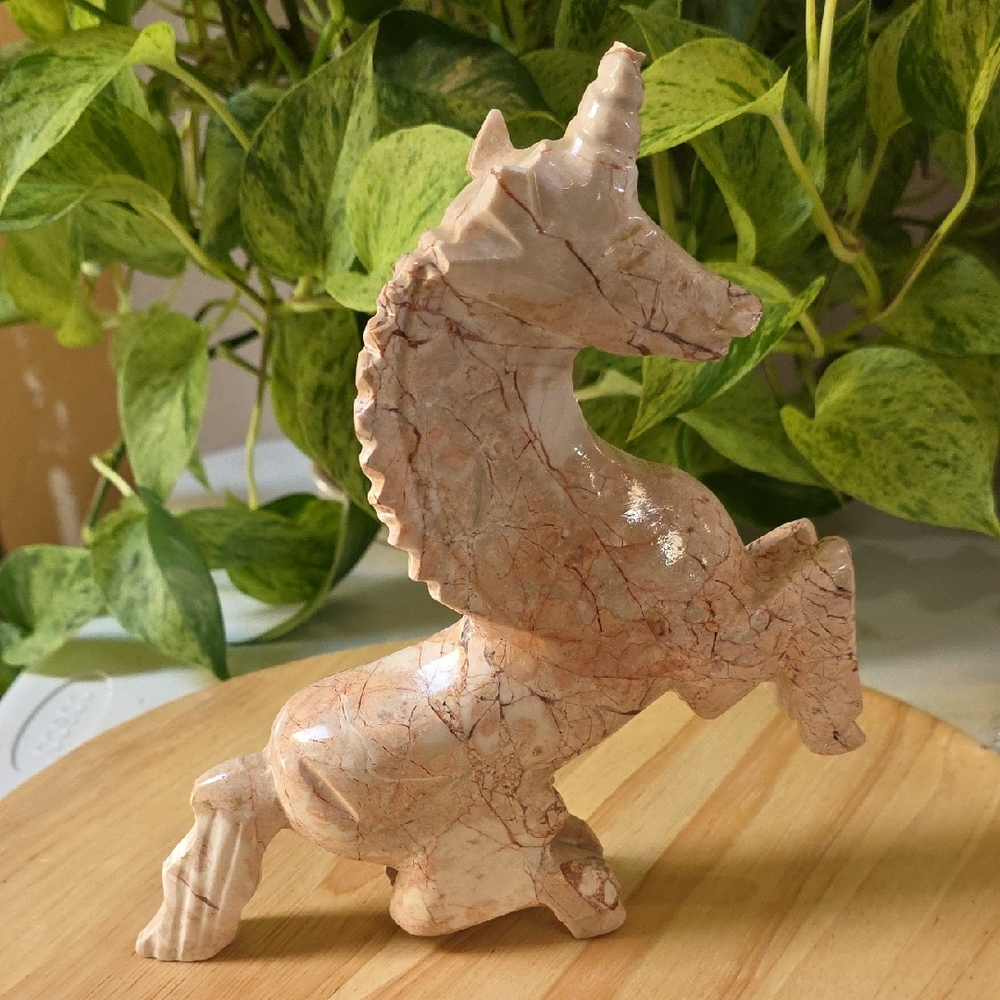 Unicorn Natural Gemstone Rose Pink Carved Stone Animal Figurine Pose Rare
